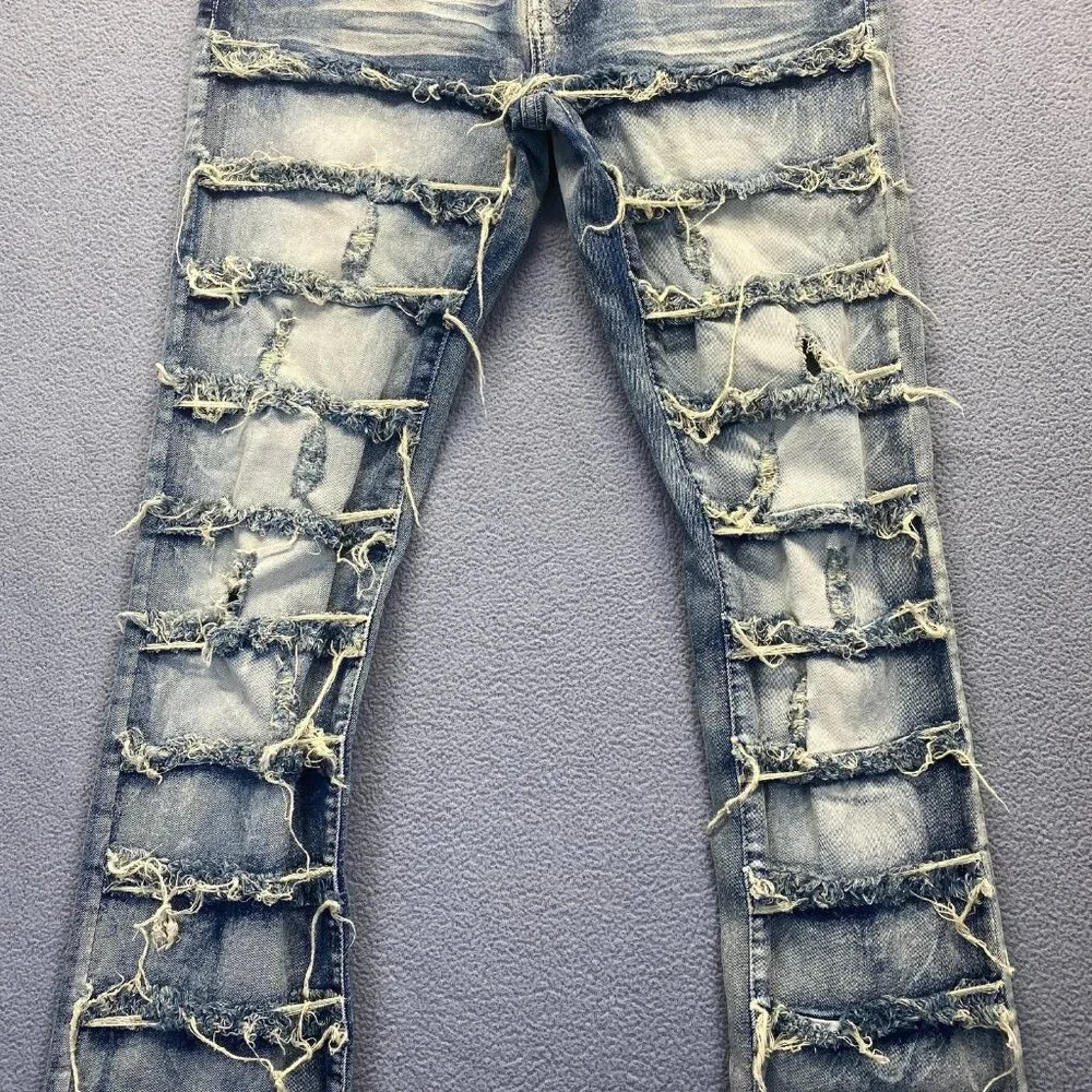SPARK PREMIUM 29X38 Stretch Ripped Distressed Flare‎ Fit Stacked Denim Jeans